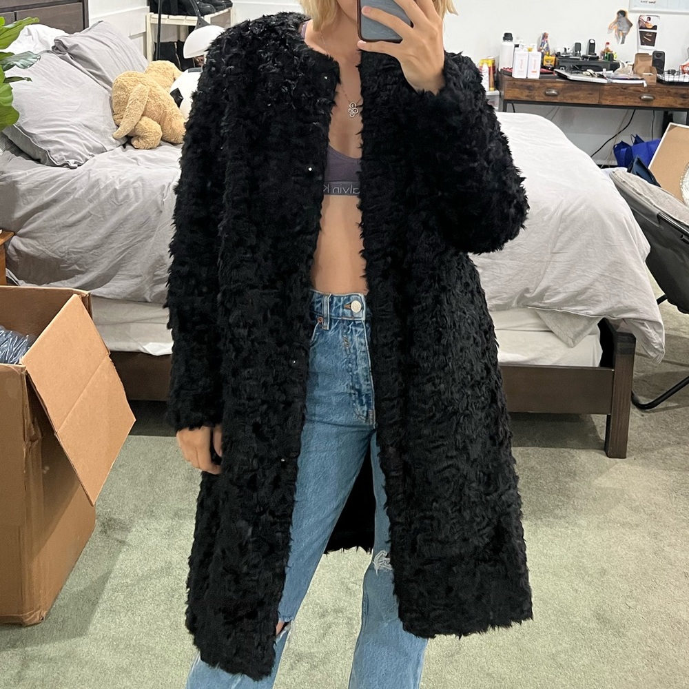 BLACK FAUX FUR LONG COAT JACKET SZ 10